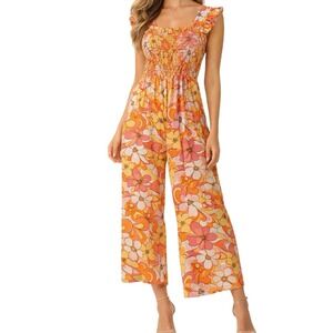 Retro Floral Smocked Wide Leg Jumpsuit Orange Pink Yellow Ruffle Strap 38NKW263R